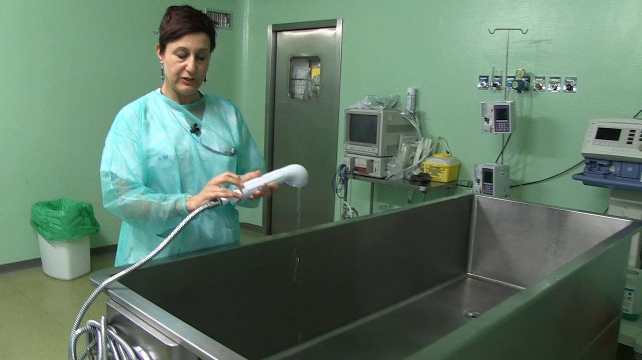 Una enfermera muestra el lugar en el que se realiza el baño salino