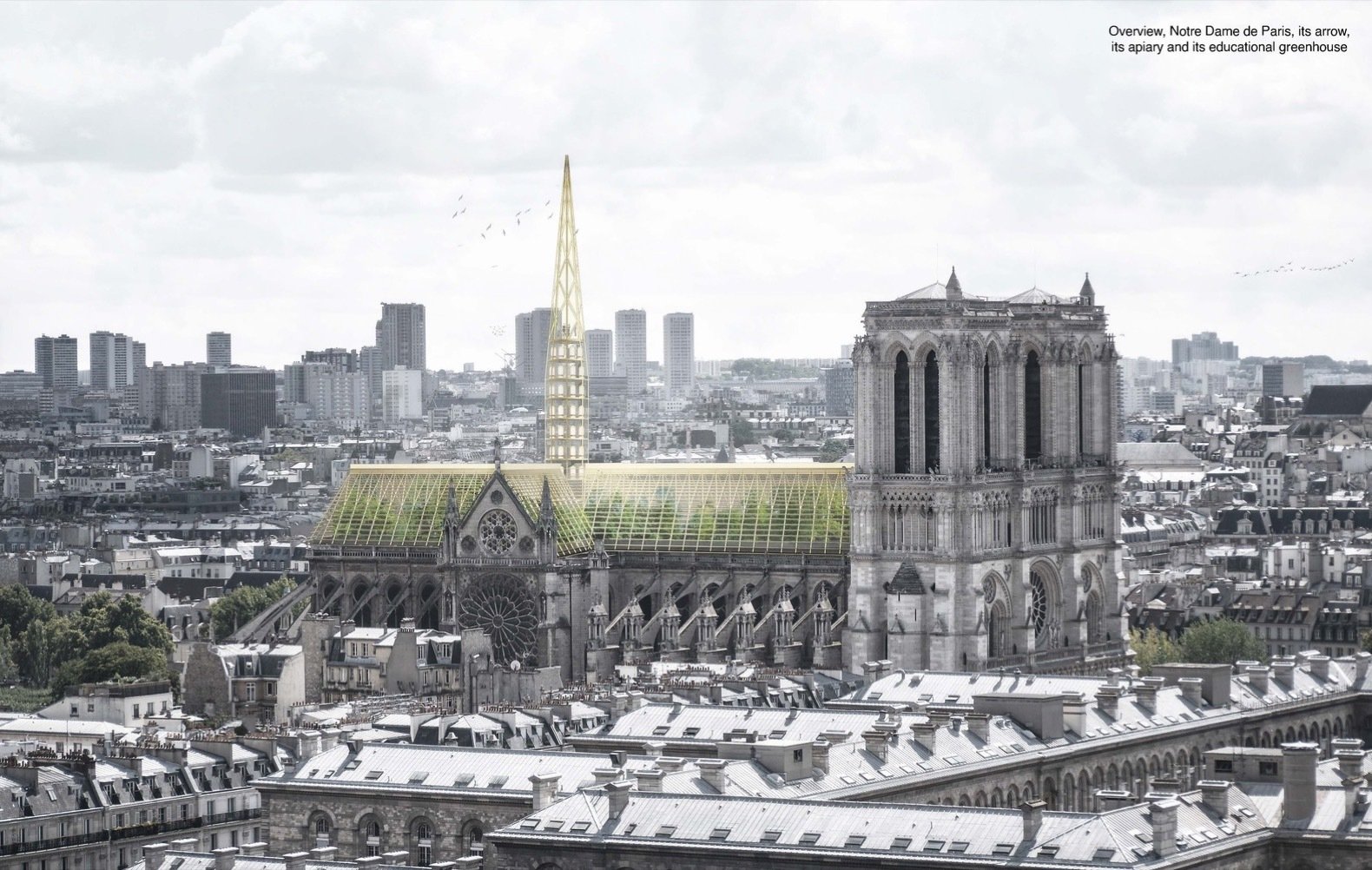 Studio NAB's design looks to modernize the Notre Dame Cathedral while staying respectful of the French Gothic architecture, with the addition of a greenhouse and apiary along the original roofline and spire. Studio NAB's design looks to modernize the Notre Dame Cathedral while staying respectful of the French Gothic architecture, with the addition of a greenhouse and apiary along the original roofline and spire.